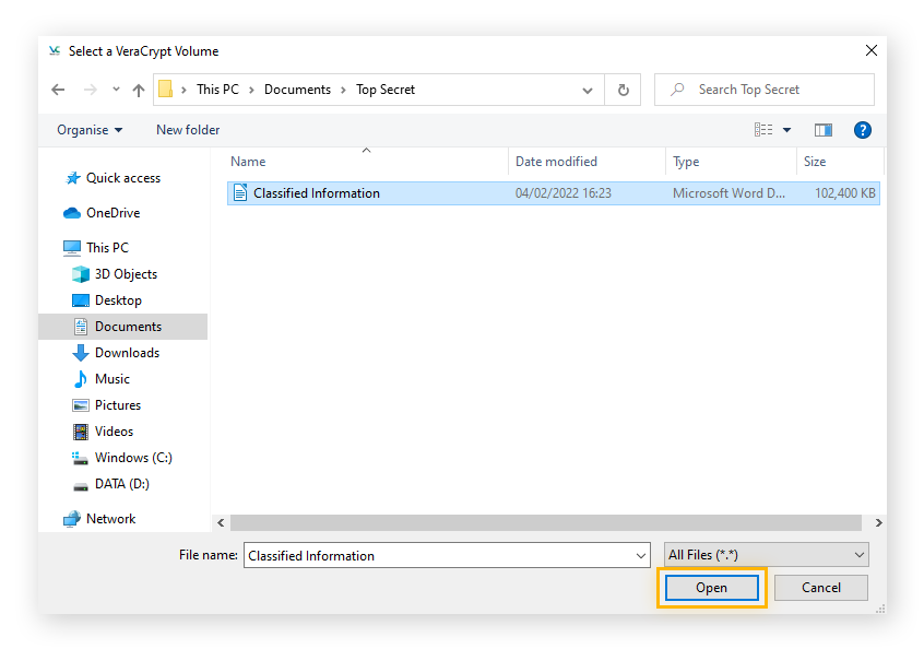 Sélection d’un volume à monter dans VeraCrypt