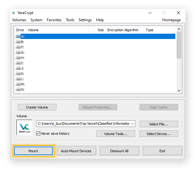 Montage d’un volume sur un lecteur virtuel dans VeraCrypt