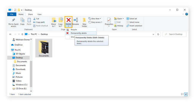 Navigation zur Option „Endgültig löschen“ auf dem Menüband im Windows Explorer