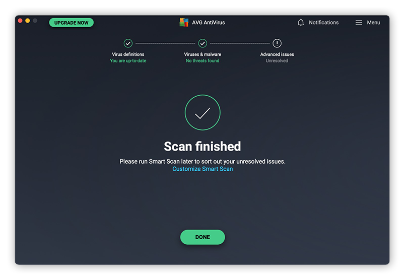 Concluindo a remoção de malware com o AVG AntiVirus FREE para Mac.