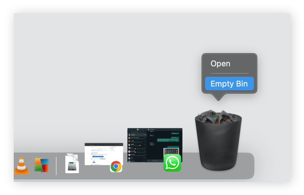 Esvaziando a lixeira no seu Mac depois de remover aplicativos indesejados ou suspeitos.