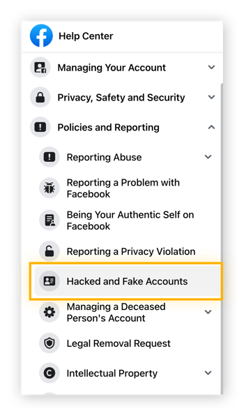 Il Centro assistenza di Facebook offre diverse opzioni per gli account compromessi o per la segnalazione di violazioni della privacy.
