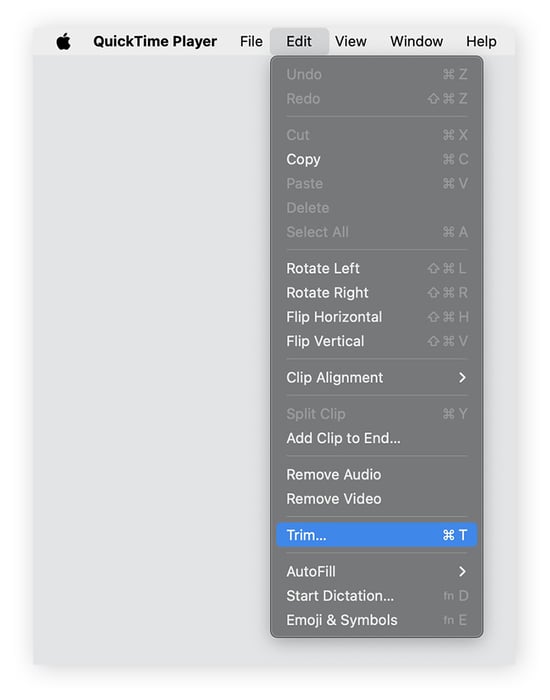 Abrir o Quick Time para editar, recortar e salvar uma gravação de tela no Mac.