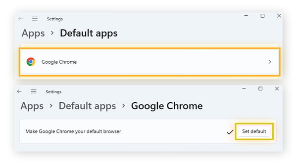 Escolha o Google Chrome nas configurações de aplicativos padrão para tornar o Chrome o navegador padrão no Windows 11.