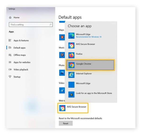  Captura de tela mostrando como tornar o Chrome seu navegador padrão no Windows 10.
