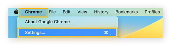 Captura de tela mostrando como acessar as configurações do Chrome no Mac.