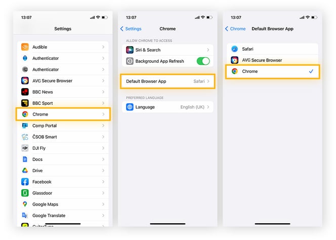 Abra Ajustes > Chrome > App de navegador padrão > Chrome para tornar o Chrome seu navegador padrão no iOS.