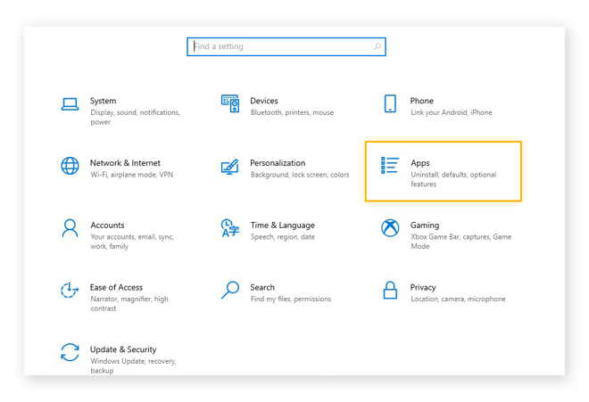 Apertura delle impostazioni di App in Windows 10