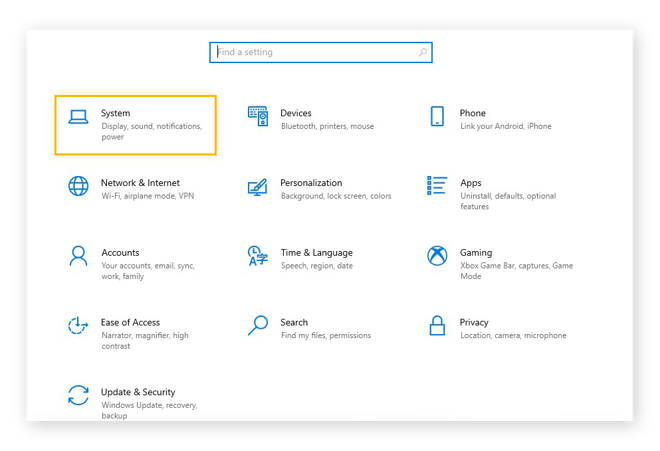 Apertura delle impostazioni di Sistema in Windows 10