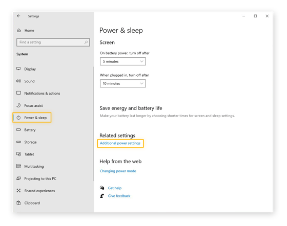 Apertura di Impostazioni di risparmio energia aggiuntive dal menu Alimentazione e sospensione in Windows 10