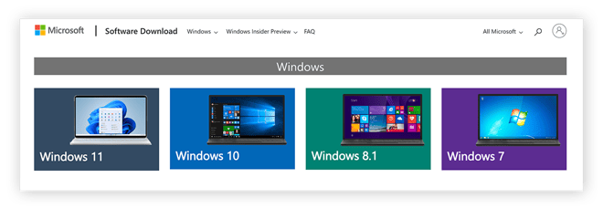Sito Web per il download del software Microsoft, con i collegamenti per ogni versione di Windows