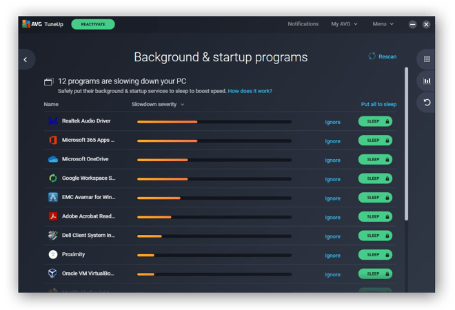 Sospensione dei programmi ad avvio automatico e in background con AVG TuneUp