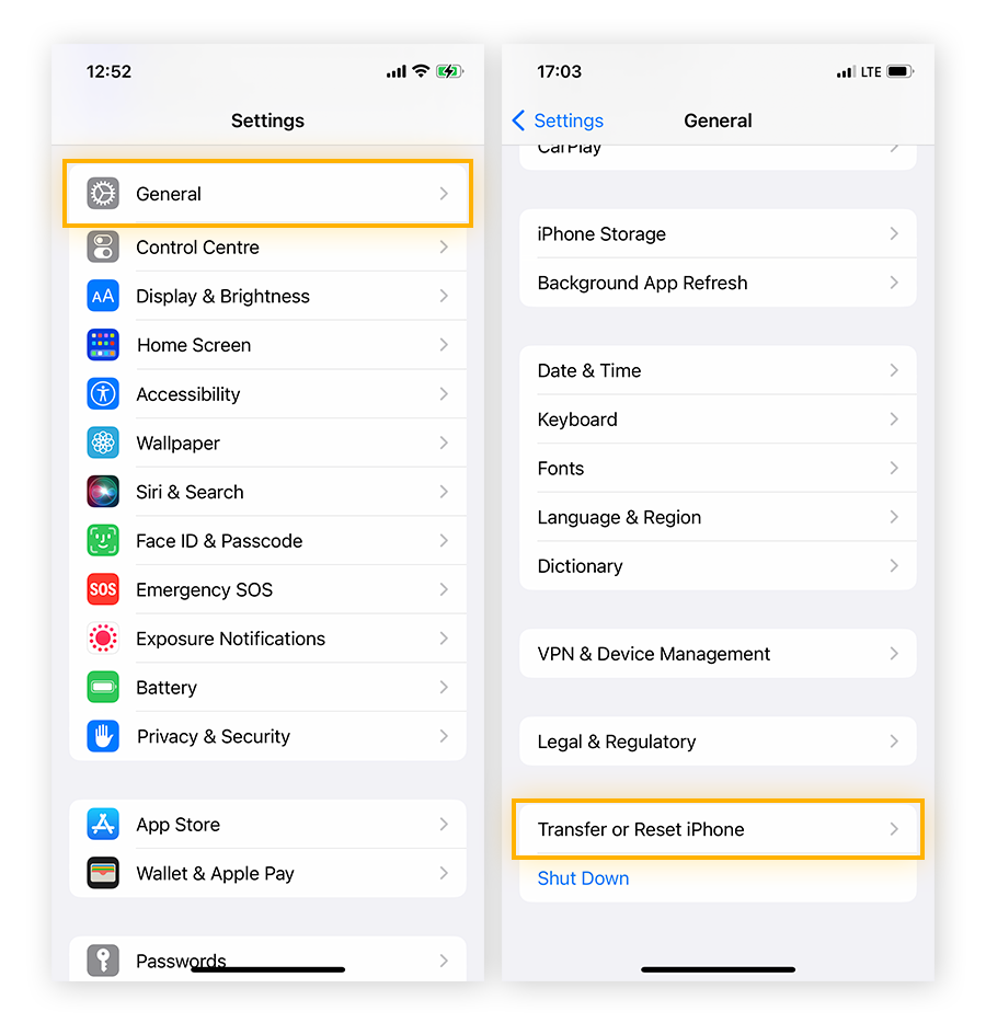 Apri le impostazioni di iOS > Generali > Trasferisci o inizializza iPhone per aprire le opzioni per il ripristino delle impostazioni di fabbrica.