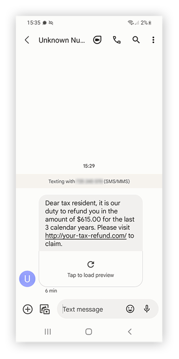 An example of a spam text message on Android.