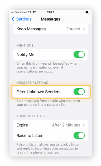 Enable Filter Unknown Senders in iMessage settings on iPhone to help block spam texts.