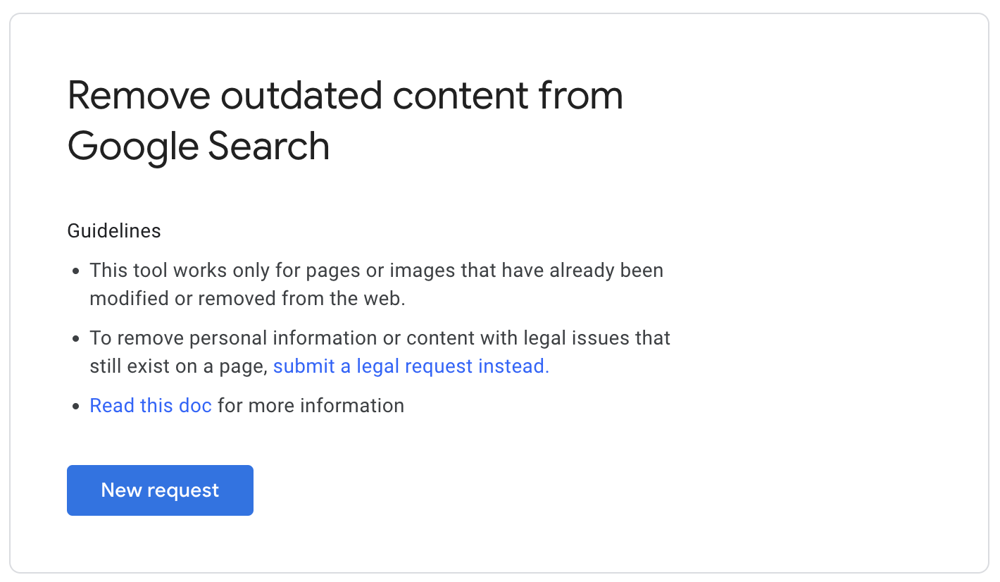 Reichen Sie einen Antrag auf Entfernung veralteter Inhalte bei Google ein, um damit zu beginnen, Ihre Präsenz im Internet zu löschen.
