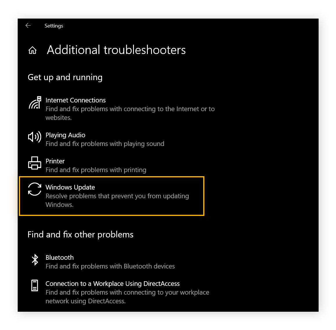 Strumenti di risoluzione dei problemi aggiuntivi. L'opzione Windows Update è cerchiata.