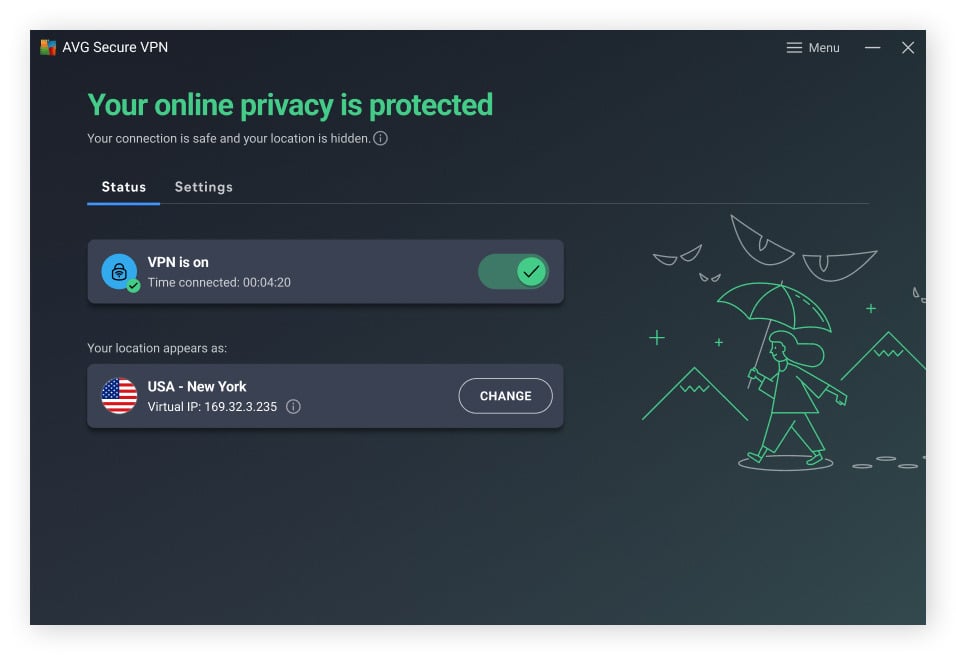 A screenshot of the AVG Secure VPN main dashboard.