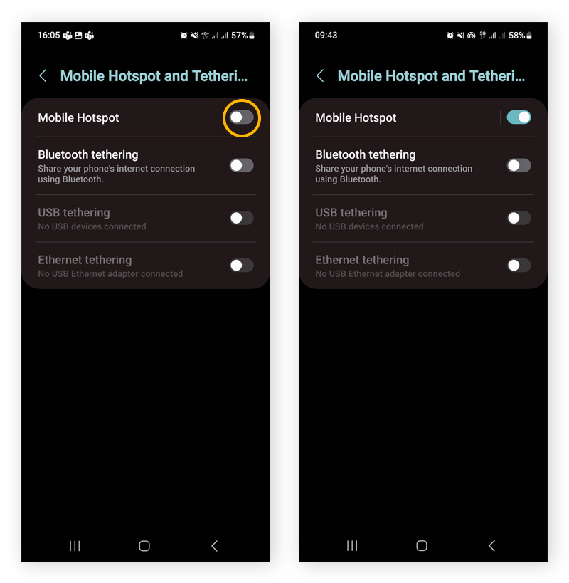 Enabling the Mobile Hotspot in Android Settings.