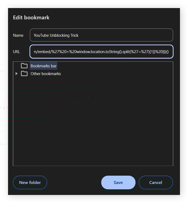 A Chrome bookmark is being created with a custom name and URL.