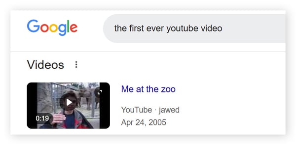 A google search for "The first ever YouTube video" and the first video result are shown.