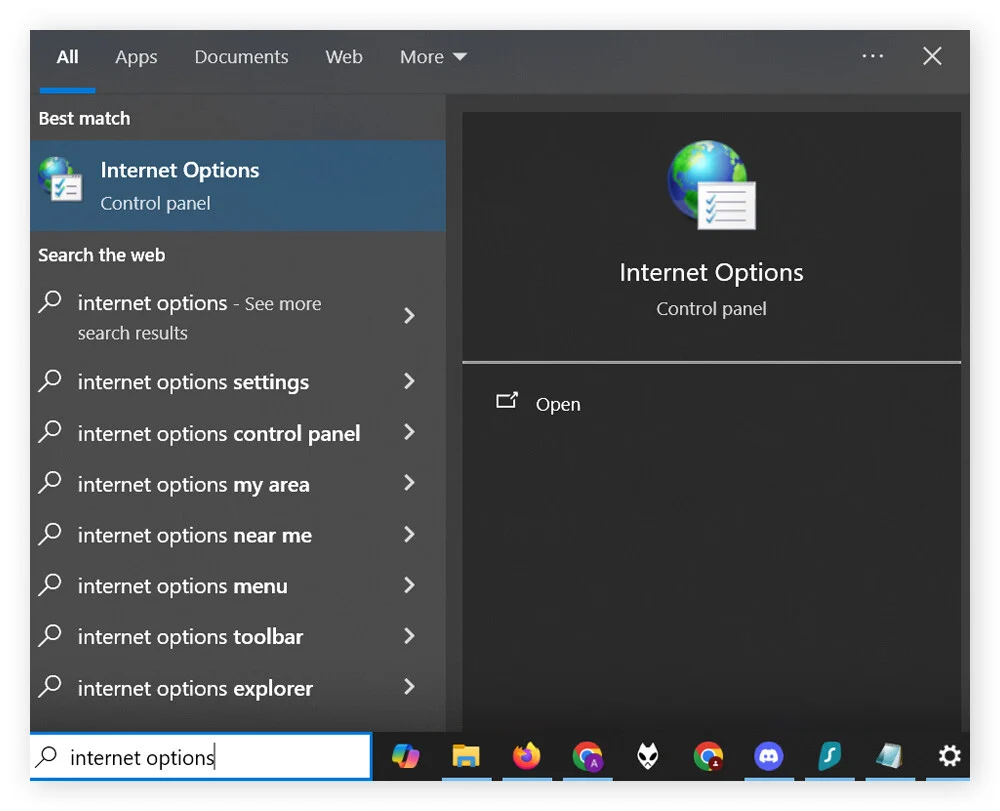 Someone has typed "Internet options" into their task bar and Internet Options is shown.