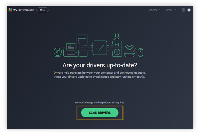 Avvio di una scansione dei driver con AVG Driver Updater per Windows 10