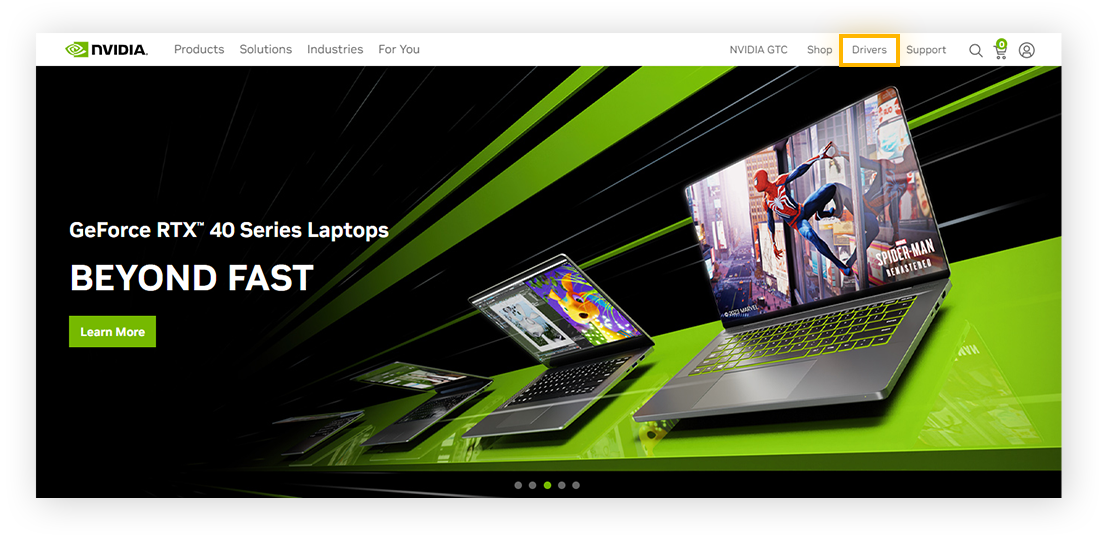 Accesso alla sezione Driver della home page di NVIDIA.