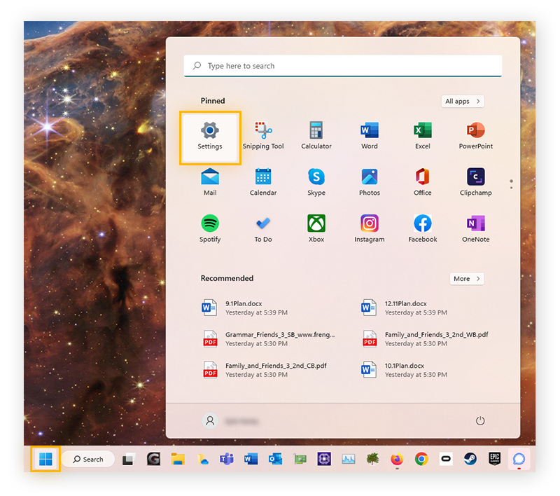 Apertura delle Impostazioni dal menu Start in Windows 11.