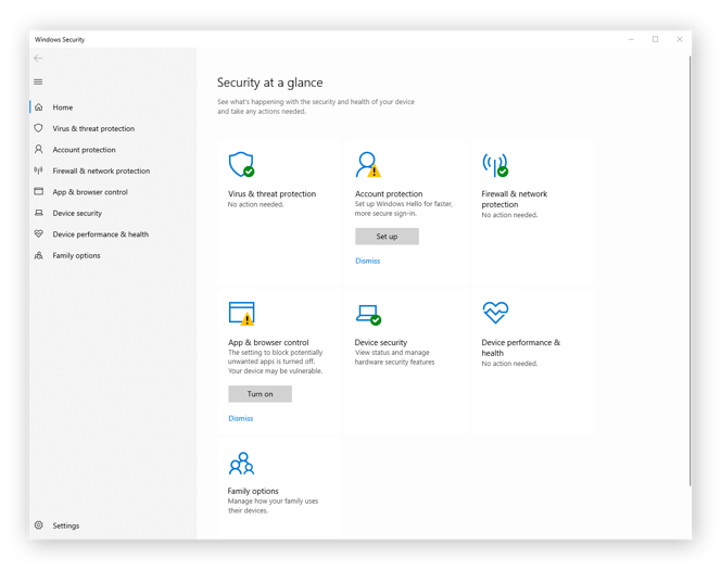 Interfaccia utente della suite Sicurezza di Windows.