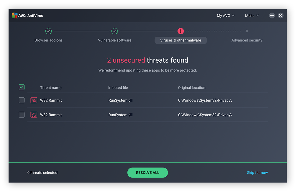 AVG AntiVirus ti protegge da tutti i tipi di minacce, inclusi i tipi di malware nuovi ed emergenti.