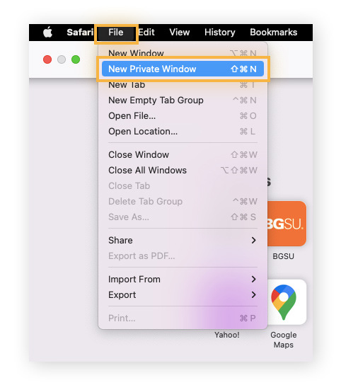 Ouverture d’une nouvelle fenêtre privée dans Safari pour Mac.