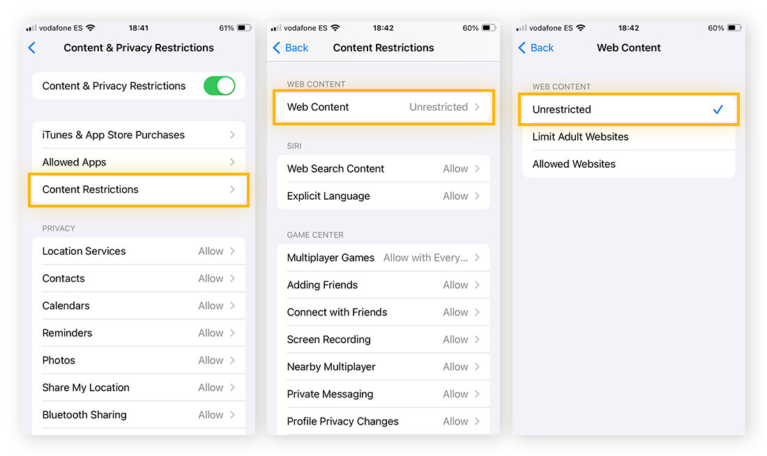 Sélection de Contenu web illimité dans le menu Restrictions relatives au contenu et à la confidentialité d’iOS.