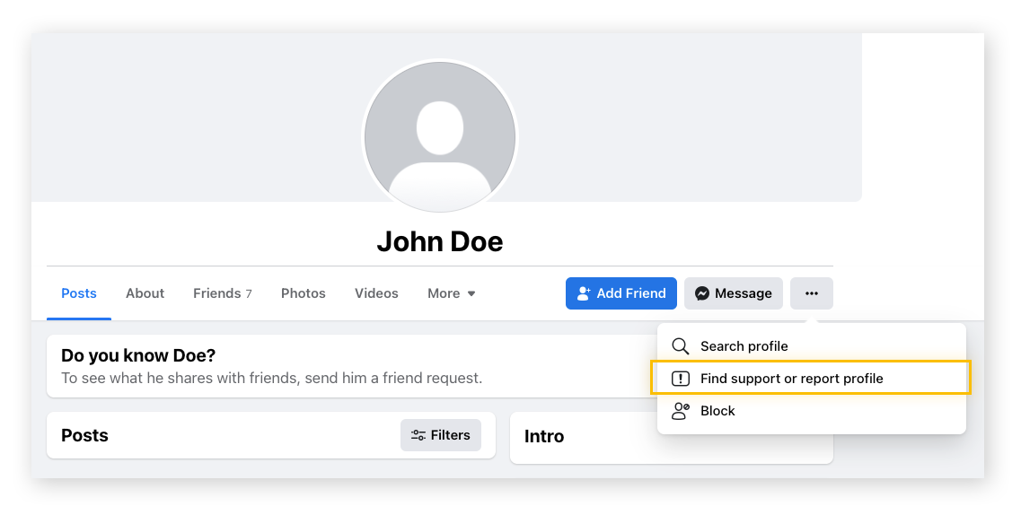 Reporting a Facebook profile.