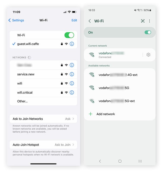Schermate di iOS e Android con le opzioni di connessione Wi-Fi e dati mobili.