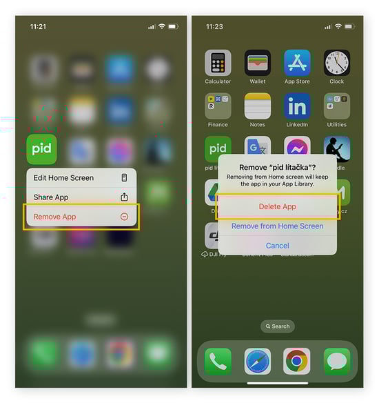 Eliminazione di un’app su iPhone.
