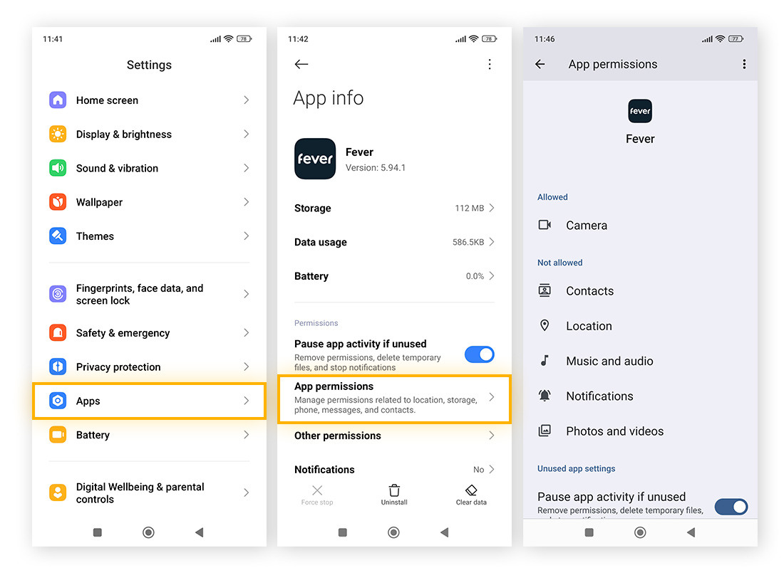 Modifica delle autorizzazioni delle app su Android.