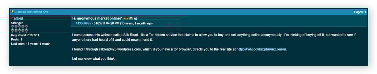 Il primo post di Ross Ulbricht su Silk Road.