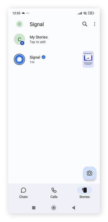 L’écran Stories de l’application de messagerie instantanée chiffrée Signal.