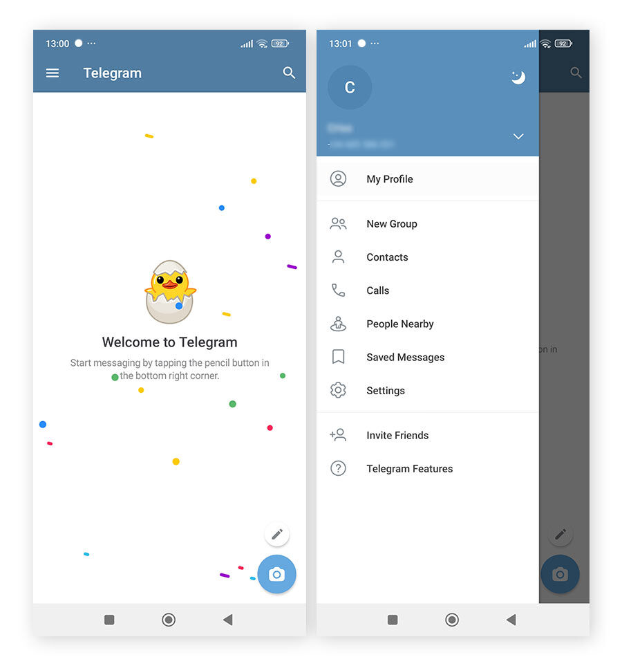 Configuration de Telegram, une application de discussion privée.