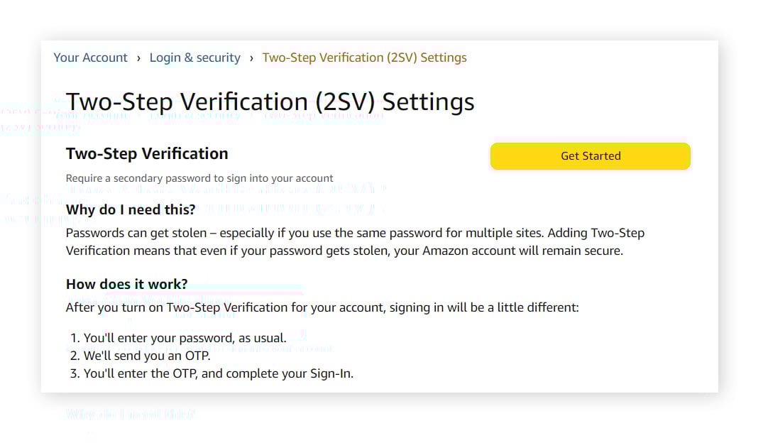 Klicken Sie auf „Erste Schritte“, um die zweistufige Verifizierung für Ihr Amazon-Konto einzurichten