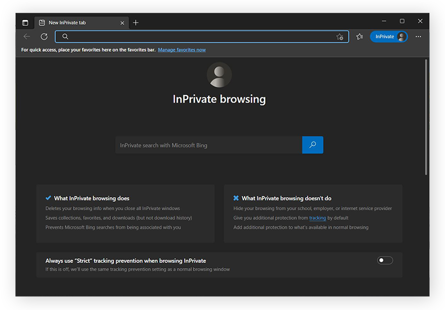 Een nieuw InPrivate-browsingvenster in Edge.