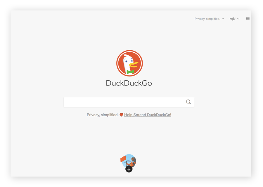 La pagina Web di DuckDuckGo, un motore di ricerca altamente specializzato per il dark web.
