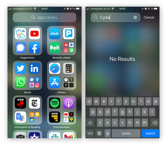 Suchen nach dem Cydia-App Store in der iPhone App-Bibliothek.