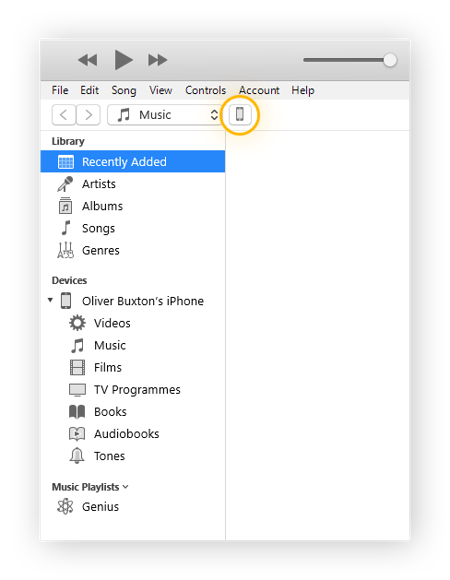 Das iPhone-Gerätesymbol innerhalb der iTunes-App.