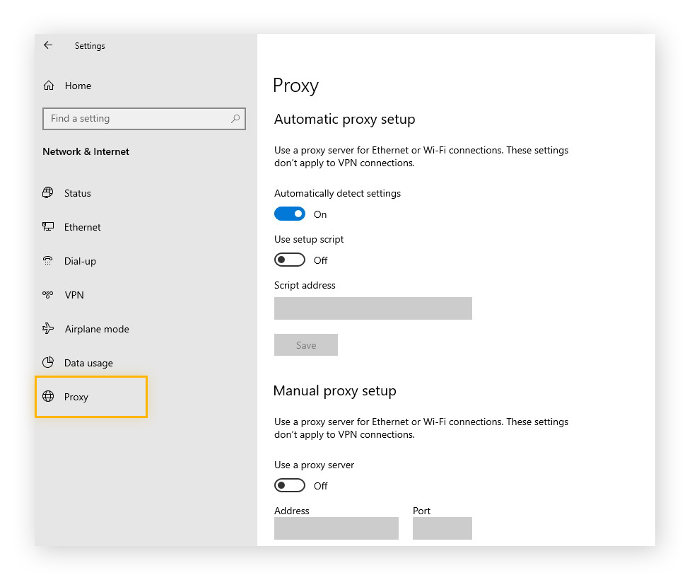 Visualizando as configurações proxy no Windows 10