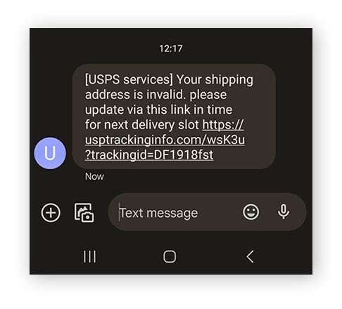 Ein Phishing-Paketbetrug per SMS, bei dem der "Kunde" aufgefordert wird, seine Adresse über einen Link zu aktualisieren.