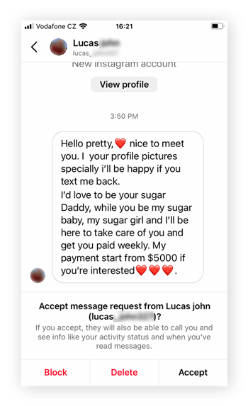 Eine Sugar-Daddy-Scam-Meldung auf Instagram.