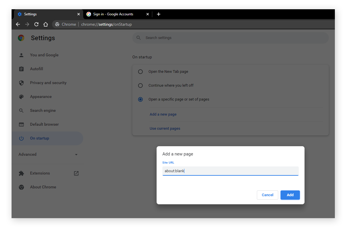 About:blank instellen als startpagina-URL in Google Chrome.