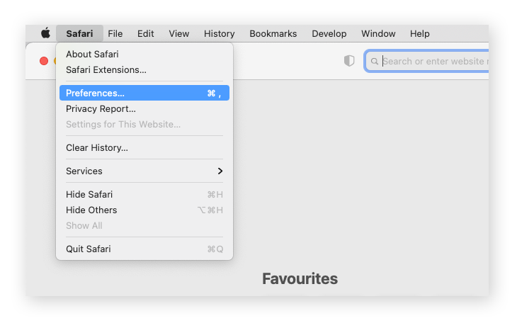 Voorkeuren openen vanuit het browsermenu in Safari.